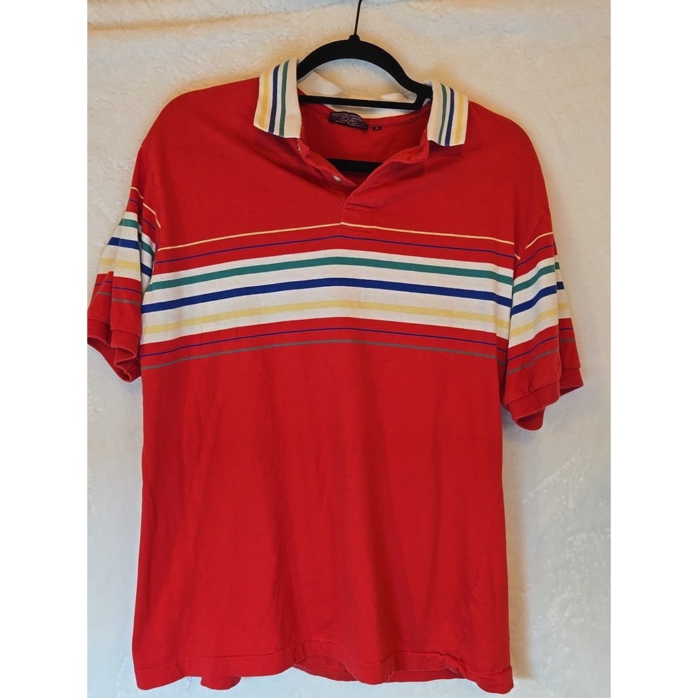 Chaps Ralph Lauren Vintage Mens Red Polo Shirt With Center Stipes M/L‎